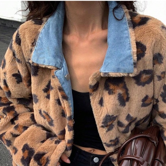 Luxe Leopard Print Vegan Fur Denim Jean Reversible Jacket Coat - Picture 2 of 6